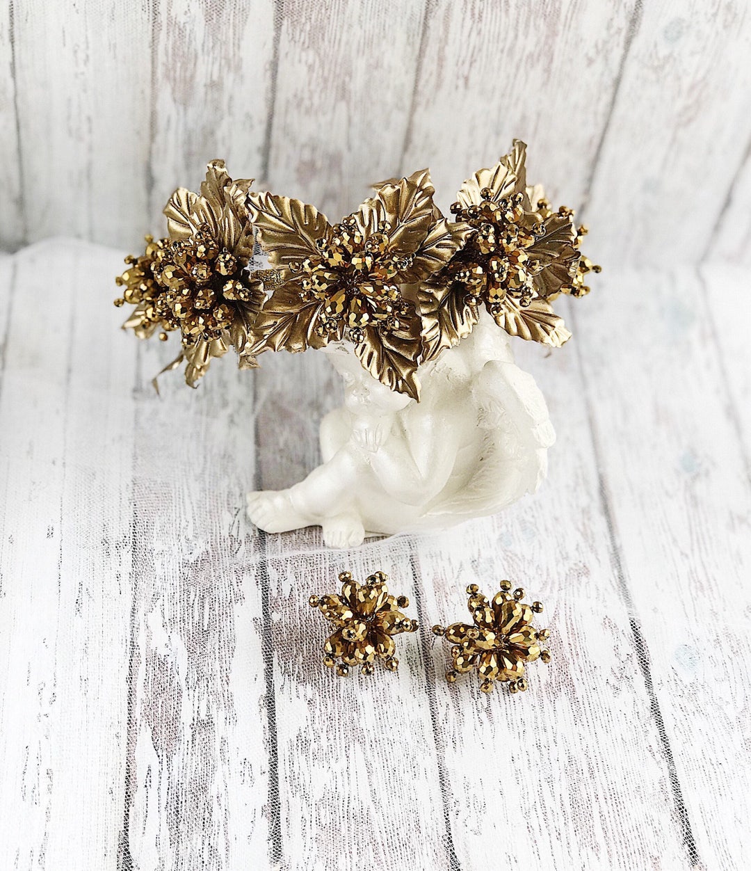 Gold Crystal Gold Metal Flower Crown Bridal Leaf Tiara Wedding Etsy