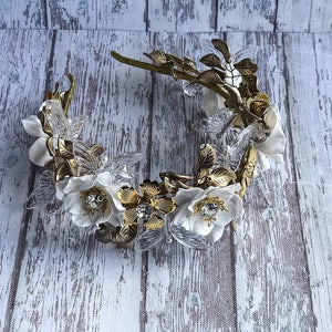 Flower 2024 gifts Wedding Crown Tiara Headband Gold Leaves White Floral Rhinestones replica Bridal Floral Rustic Bohemian pagan jewelry image 8