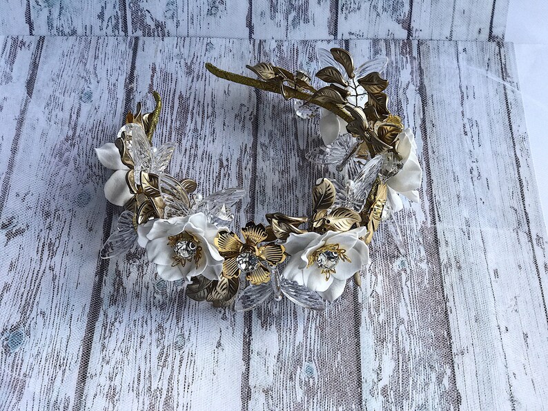 Flower 2024 gifts Wedding Crown Tiara Headband Gold Leaves White Floral Rhinestones replica Bridal Floral Rustic Bohemian pagan jewelry image 8