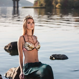 Gold Brown Mermaid Rave Bra Top Crown Tiara Wedding Bridal Set Costume Dance Shell Beaded Sea Beach party Queen Princess Festival Cosplay