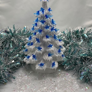 Ceramic Christmas Tree Small White Blue Birds Golden Shimmer and Icy Snow
