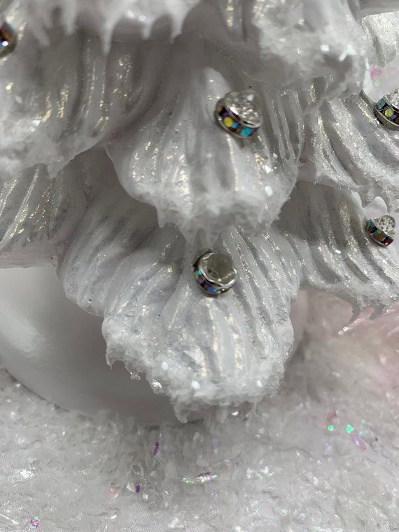 Ceramic Christmas Tree White Iridescent Gems Gold Shimmer and Icy