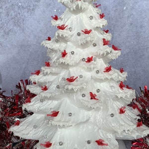 Ceramic Christmas Tree Large White with Red Doves and Icy Snow and Golden Luster