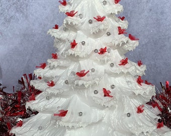 Ceramic Christmas Tree Large White with Red Doves and Icy Snow and Golden Luster