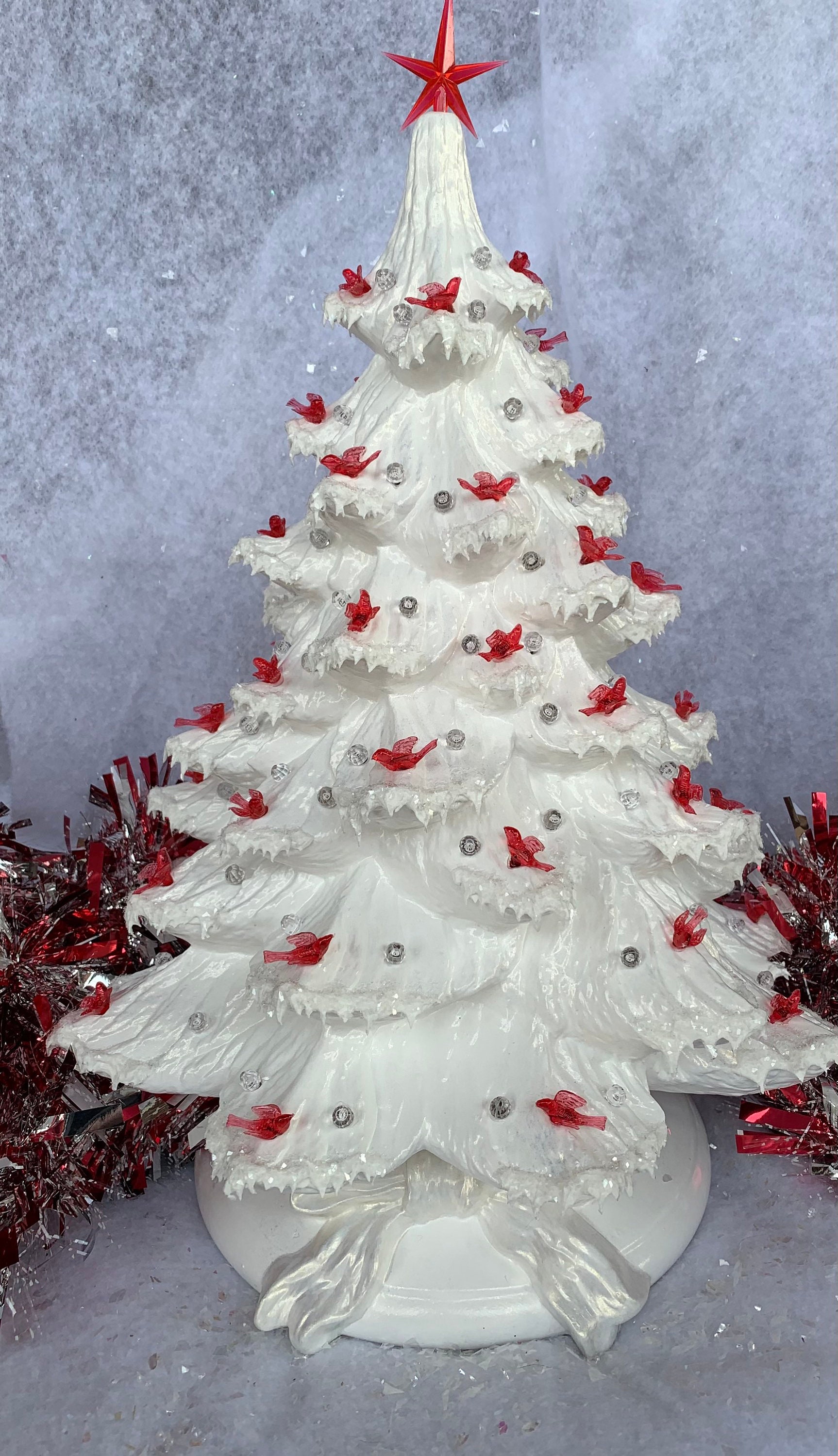 Ceramic Christmas Tree Large White with Red Doves and Icy Snow and Golden  Luster