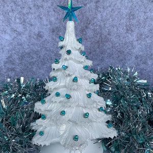 Ceramic Christmas Tree Small White Aurora Teal and Gems Golden Shimmer and Icy Snow