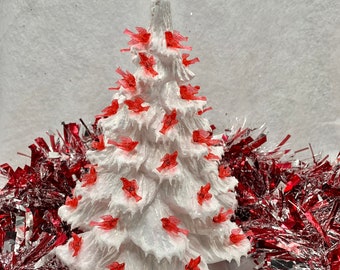 Ceramic Christmas Tree White Small Red Birds Gold Shimmer and Icy Snow