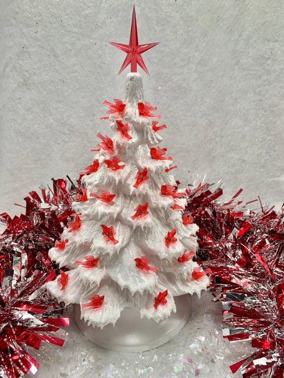 Ceramic Christmas Tree White Small Red Birds Gold Shimmer and Icy Snow 