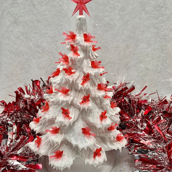 Ceramic Christmas Tree White Small Red Birds Gold Shimmer and Icy Snow