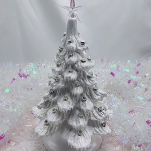 Ceramic Christmas Tree White Iridescent Gems Gold Shimmer and Icy Snow