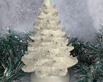 Ceramic Christmas Tree White Small Blue Iridescent Finish