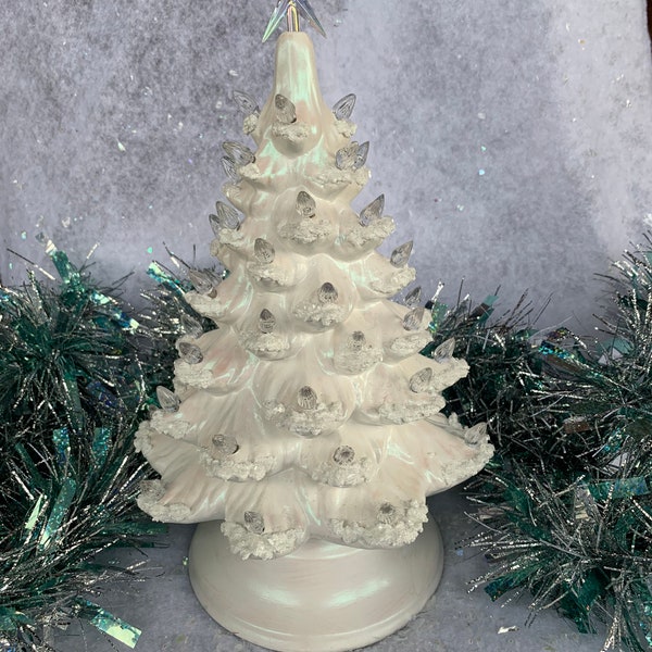 Ceramic Christmas Tree White Small Blue Iridescent Finish