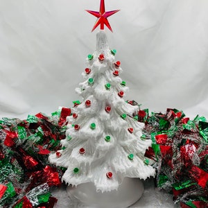 Ceramic Christmas Tree Small White Red and Green Gems Golden Shimmer and Icy Snow