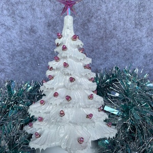 Ceramic Christmas Tree Small White Aurora Pink and Gems Golden Shimmer and Icy Snow