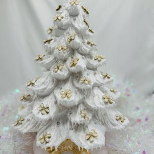 Ceramic Christmas Tree Large White and White Snow Flowers with Icy Snow and Golden Luster