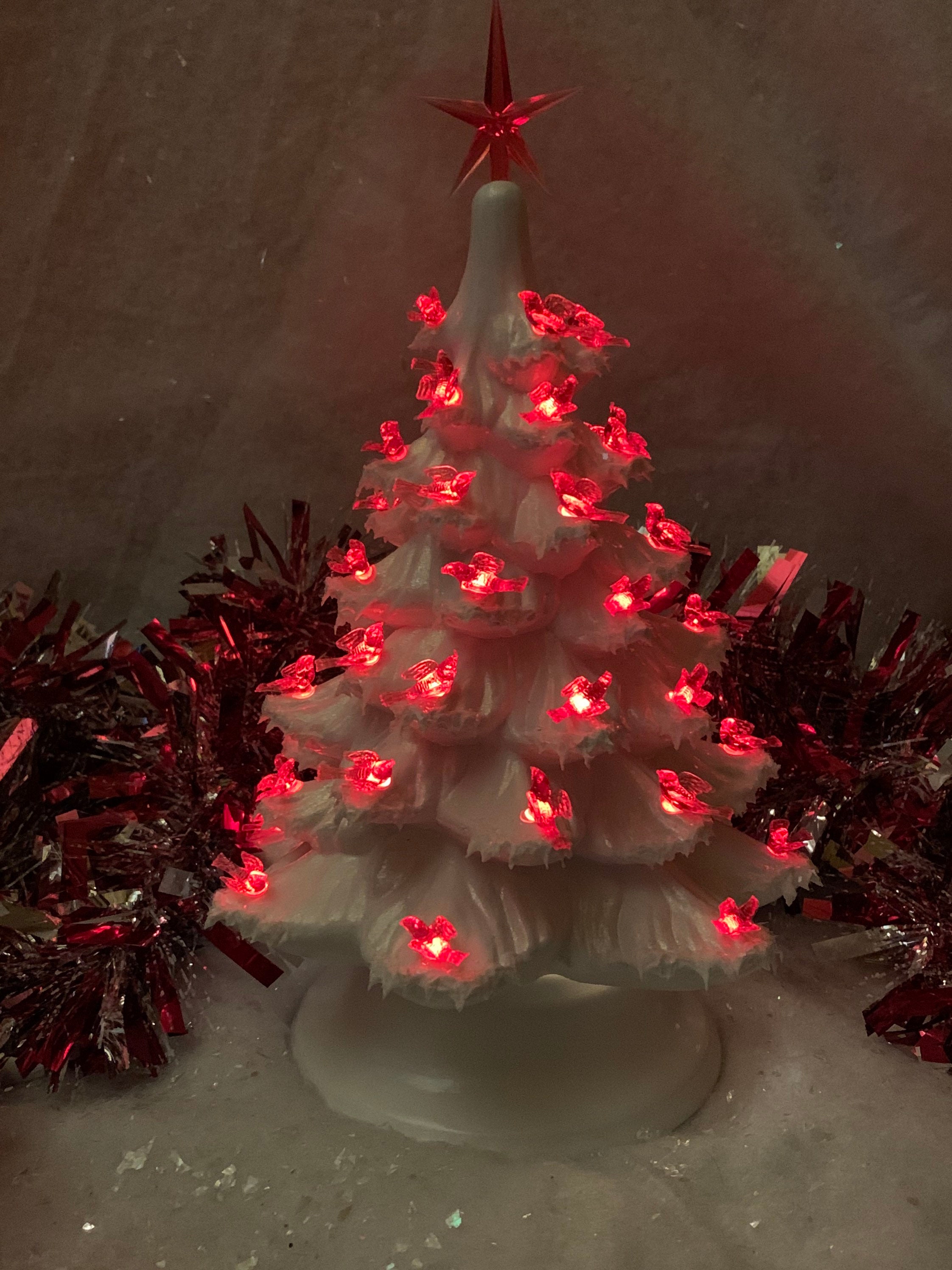 Ceramic Christmas Tree White Small Red Birds Gold Shimmer and Icy