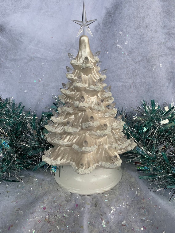 Ceramic Christmas Tree White Small Red Birds Gold Shimmer and Icy Snow 