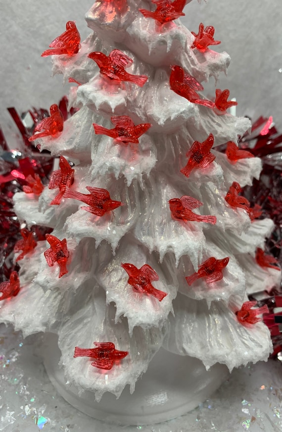 Ceramic Christmas Tree White Small Red Birds Gold Shimmer, 47 OFF