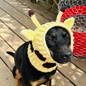 May include: A black and brown dog wearing a yellow and brown crocheted giraffe hat. The dog is sitting on a wooden deck.