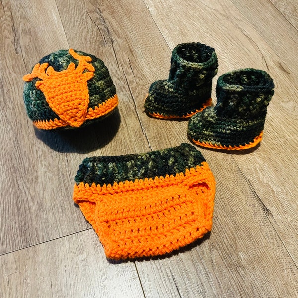 Crochet Pattern Newborn Little Hunter Deer Hat, Diaper Cover, and Booties