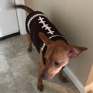 Pu&ograve; includere: Un maglione per cani in crochet marrone e bianco con un design a forma di pallone da calcio. Il maglione &egrave; su un cane marrone.