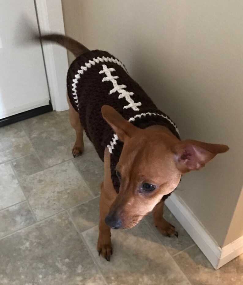 Pu&ograve; includere: Un maglione per cani in crochet marrone e bianco con un design a forma di pallone da calcio. Il maglione &egrave; su un cane marrone.