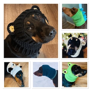 May include: A collection of six crocheted dog hats in various colors and styles, including a bear, a reindeer, a cow, a frog, and two plain hats. The hats are all made with soft yarn and are perfect for keeping your dog warm and stylish.