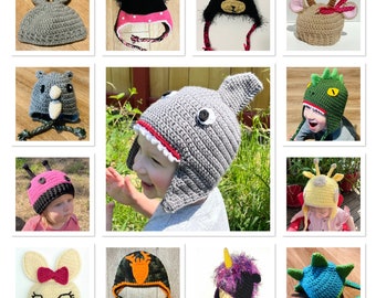 Crochet Pattern 13 Animal Hat Pattern Collection Ebook- Newborn, 6-12 months, 12-18 months, Small Child, and Adult Sizes Available