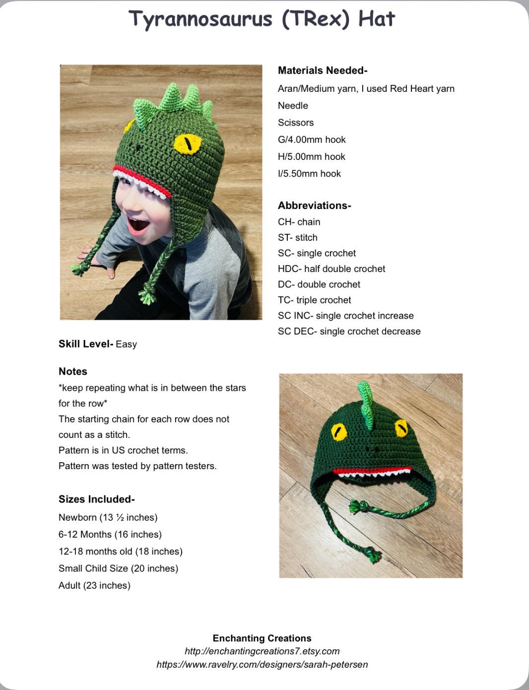 Crochet Pattern T-rex Hat, Tyrannosaurus Rex Hat, Dragon Kids