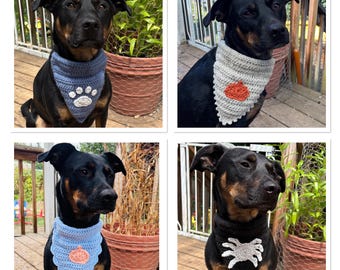May include: Four images of dogs wearing handmade crochet bandanas. The bandanas are in various colours, including blue, grey, and black. Some bandanas feature paw prints, pumpkins, and a spider design. The dogs are sitting outside near potted plants.