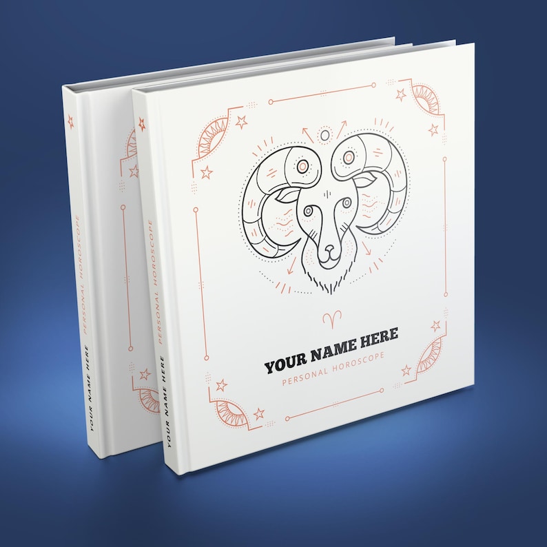 May include: Two white books with a red and black illustration of an astrological ram symbol. The text "YOUR NAME HERE PERSONAL HOROSCOPE" is printed on the front cover.