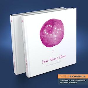 May include: A personalized horoscope book with a watercolor illustration of the Gemini constellation in pink and white. The book cover features the text "Your Name Here" and "Personal Horoscope".