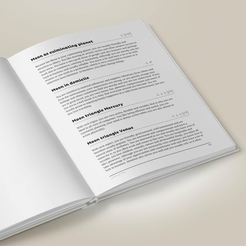 May include: An open book with the title "Moon as culminating planet" and text about the moon's influence on personality. The page also includes the titles "Moon in domicile", "Moon triangle Mercury", and "Moon triangle Venus".