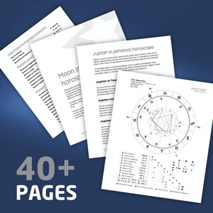 May include: A black and white natal chart with a circle divided into 12 sections, each representing a zodiac sign. The chart includes the text "Natal Chart" and "Your Name Here". The chart is surrounded by a white page with text about Jupiter in personal horoscopes.