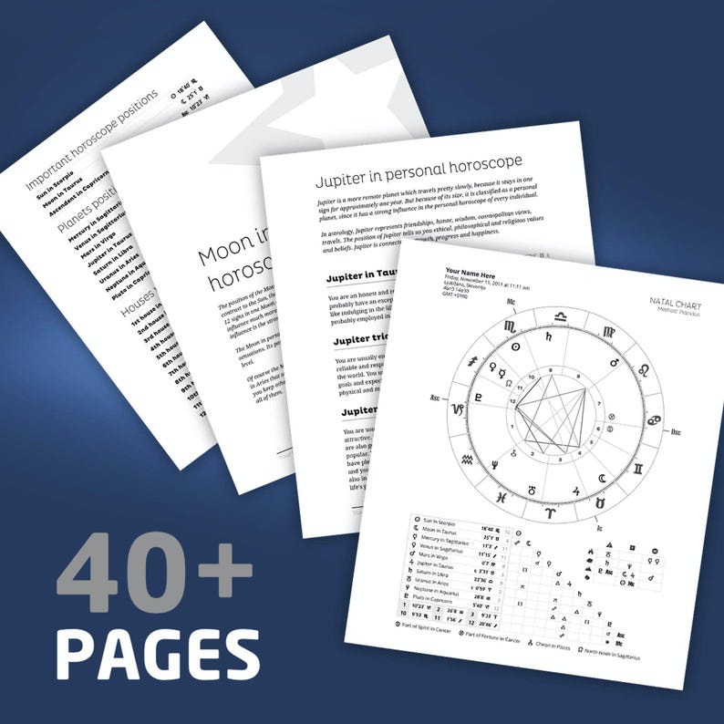 May include: A black and white natal chart with a circle divided into 12 sections, each representing a zodiac sign. The chart includes the text "Natal Chart" and "Your Name Here". The chart is surrounded by a white page with text about Jupiter in personal horoscopes.