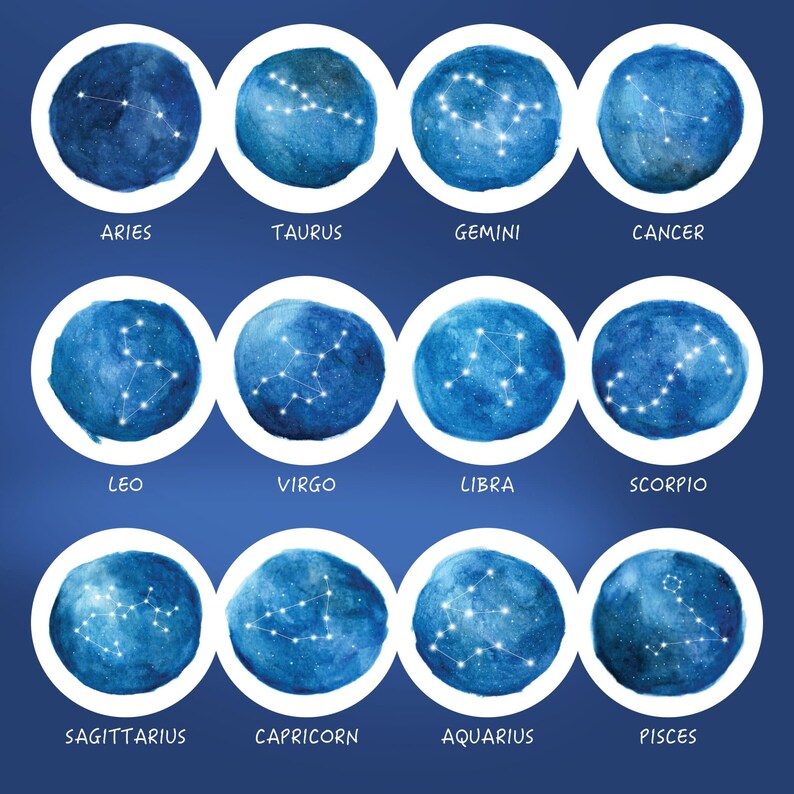 May include: A watercolour illustration of the 12 zodiac signs. Each sign is depicted as a constellation of stars within a blue circle. The signs are labelled with their names: Aries, Taurus, Gemini, Cancer, Leo, Virgo, Libra, Scorpio, Sagittarius, Capricorn, Aquarius, and Pisces.