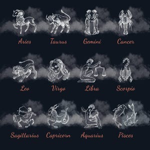 May include: A white illustration of the 12 zodiac signs on a black background. Each sign is depicted with a unique symbol and animal, including Aries the ram, Taurus the bull, Gemini the twins, Cancer the crab, Leo the lion, Virgo the virgin, Libra the scales, Scorpio the scorpion, Sagittarius the archer, Capricorn the sea-goat, Aquarius the water bearer, and Pisces the fish.
