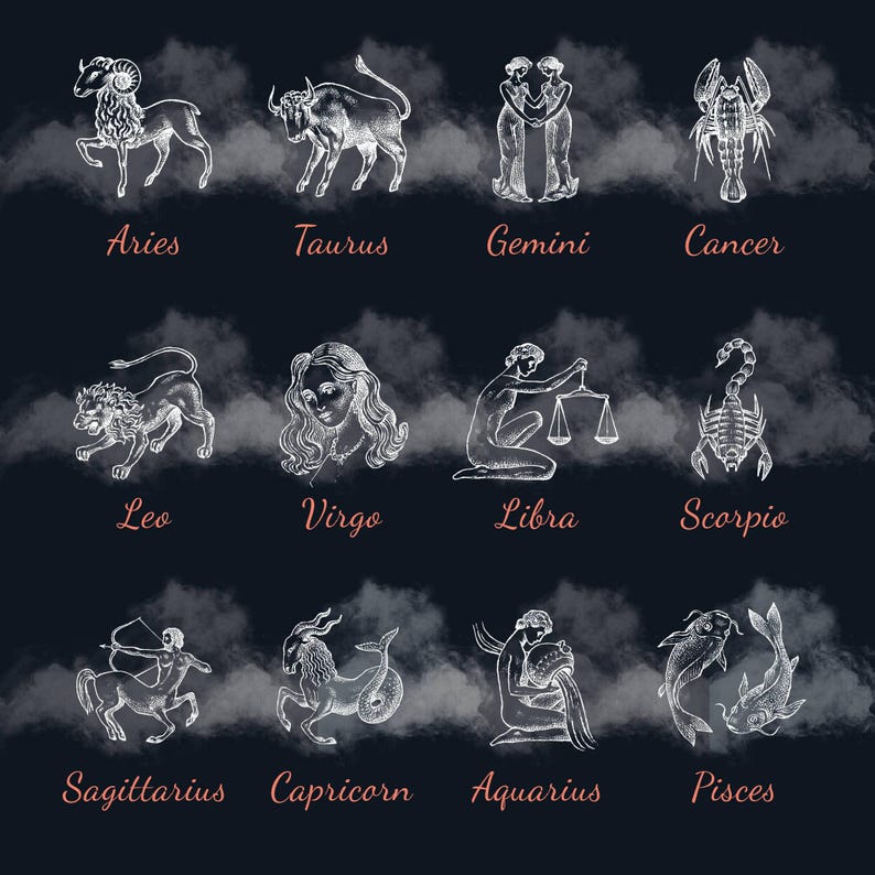 May include: A white illustration of the 12 zodiac signs on a black background. Each sign is depicted with a unique symbol and animal, including Aries the ram, Taurus the bull, Gemini the twins, Cancer the crab, Leo the lion, Virgo the virgin, Libra the scales, Scorpio the scorpion, Sagittarius the archer, Capricorn the sea-goat, Aquarius the water bearer, and Pisces the fish.