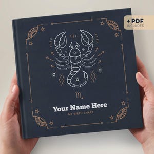 May include: A dark blue square book cover featuring a white line art scorpion illustration, the Scorpio zodiac symbol, and the text "Your Name Here" and "MY BIRTH CHART" in white. The cover includes gold decorative corner accents and stars.