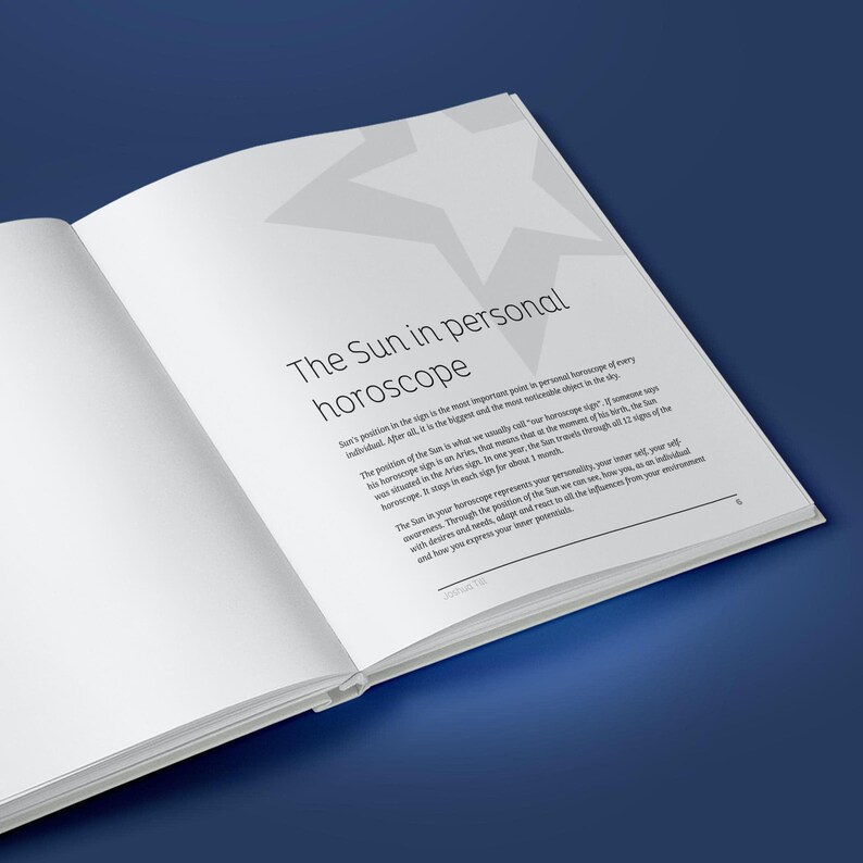 May include: An open book with a white background and a gray star shape on the cover. The text on the page reads "The Sun in personal horoscope". The text explains the importance of the Sun's position in a person's horoscope.