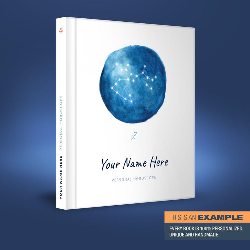 May include: A white book cover featuring a blue watercolour illustration of the Sagittarius constellation. The text "Your Name Here" and "Personal Horoscope" is printed on the cover.