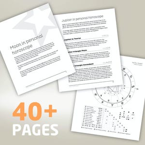May include: A set of 40+ pages of astrology information about the moon and Jupiter in personal horoscopes. The pages are printed in black and white and include a natal chart with a circle divided into 12 sections.