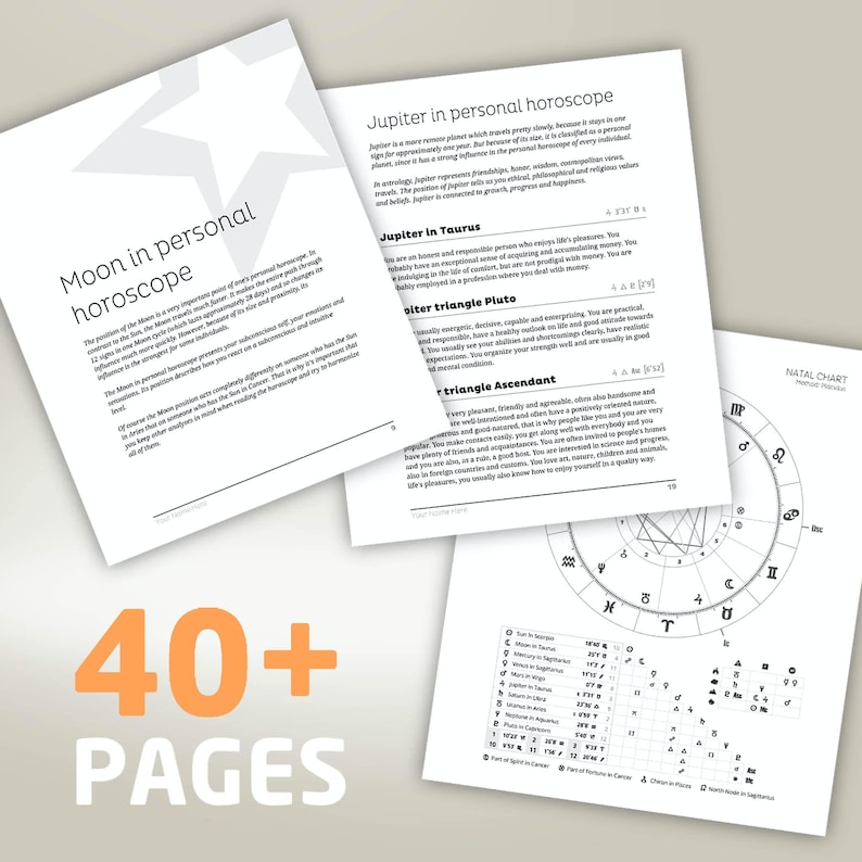 May include: A set of 40+ pages of astrology information about the moon and Jupiter in personal horoscopes. The pages are printed in black and white and include a natal chart with a circle divided into 12 sections.