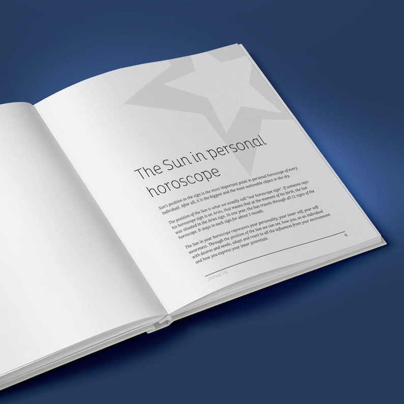 May include: A white book with a gray star on the cover. The title of the book is "The Sun in Personal Horoscope". The text on the page discusses the importance of the sun's position in a person's horoscope.