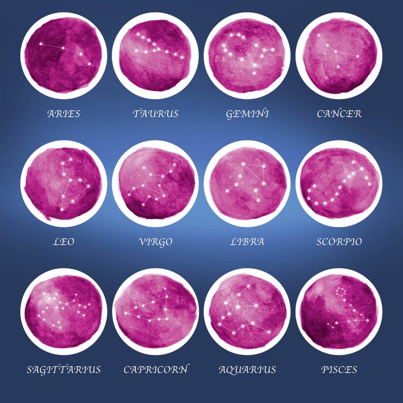 May include: A chart of the 12 zodiac signs, each represented by a pink watercolor circle with white stars outlining the constellation. The signs are labeled in white text below each circle: Aries, Taurus, Gemini, Cancer, Leo, Virgo, Libra, Scorpio, Sagittarius, Capricorn, Aquarius, and Pisces.