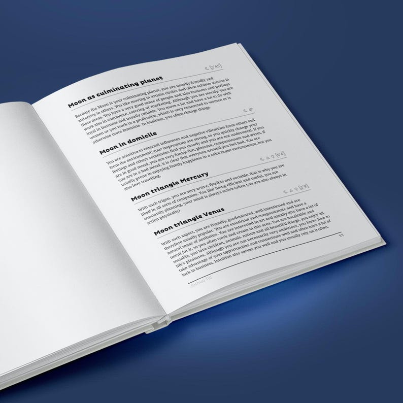 May include: A page from a book about astrology, with the title "Moon as culminating planet" and a description of the Moon's influence in different astrological positions. The text is in black and white, with a white background and black text.