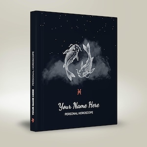 May include: A dark blue book cover featuring a white illustration of two fish swimming in a cloud. The book title is "Your Name Here" and the subtitle is "Personal Horoscope".