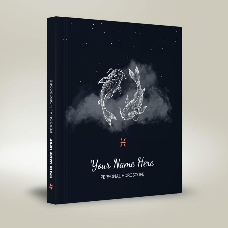 May include: A dark blue book cover featuring a white illustration of two fish swimming in a cloud. The book title is "Your Name Here" and the subtitle is "Personal Horoscope".