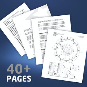 May include: A black and white natal chart with a circle divided into 12 sections, each labeled with a zodiac sign. The chart includes a table with the positions of planets and other celestial bodies. The text "NATAL CHART" is printed in the top right corner. The text "40+ PAGES" is printed in large font at the bottom of the image.