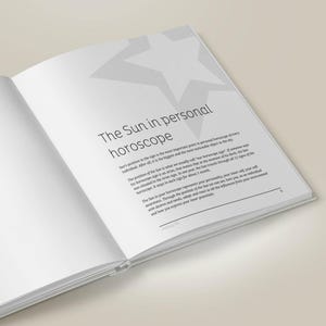 May include: An open book with a white star graphic and the text "The Sun in personal horoscope". The text explains the importance of the Sun's position in a person's horoscope.